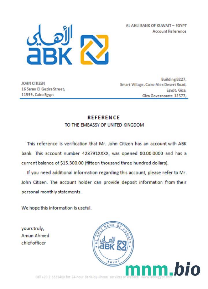 Egipt Al Ahli Bank Kuwejtu przykład odniesienia w formatach Word i PDF